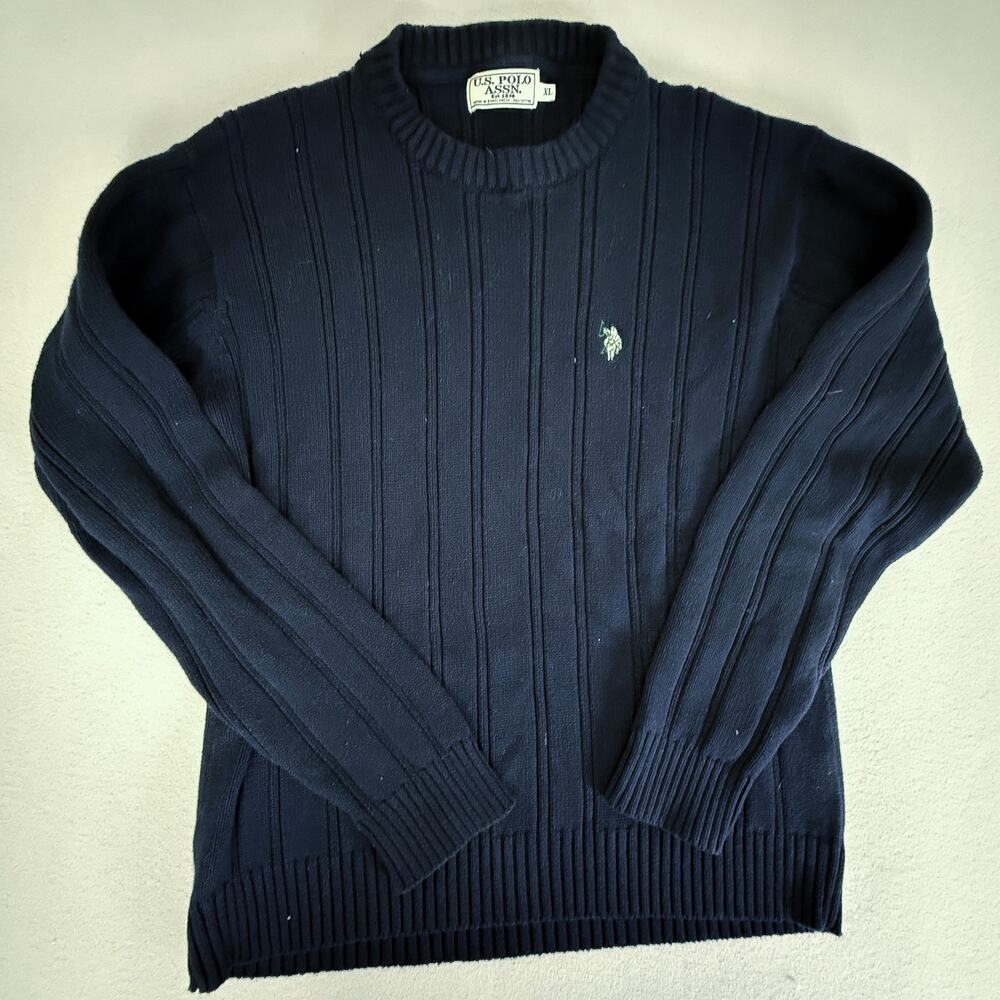U.S. Polo Assn Ribbed Knit Crewneck Sweater Navy Blue Cotton XL